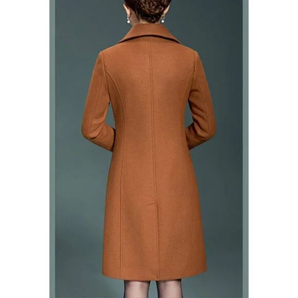 Women's Caramel Winter Wool Trench Coat Long Thick Warm Walker Overcoat Modern - Picture 4 of 4